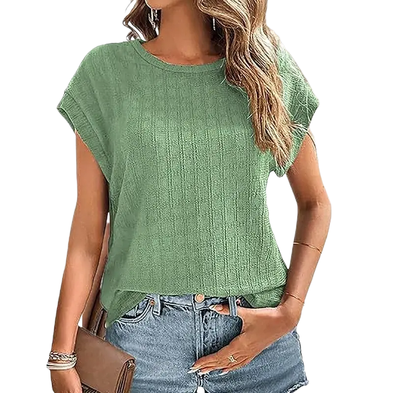 A solid color soft sage green knit short sleeve casual tee with textured fabric and flutter sleeves for women