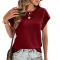 A textured maroon solid color short sleeve casual tee for women with a round neckline and comfortable fit