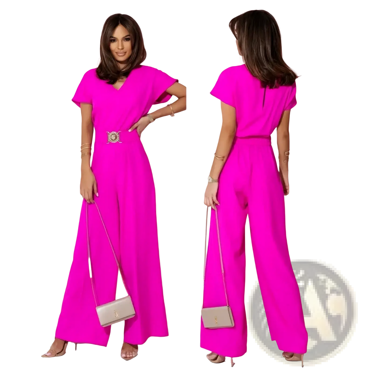 Vibrant fuchsia wide-leg jumpsuit with v-neckline, short sleeves, and ornate metallic belt buckle at the waist