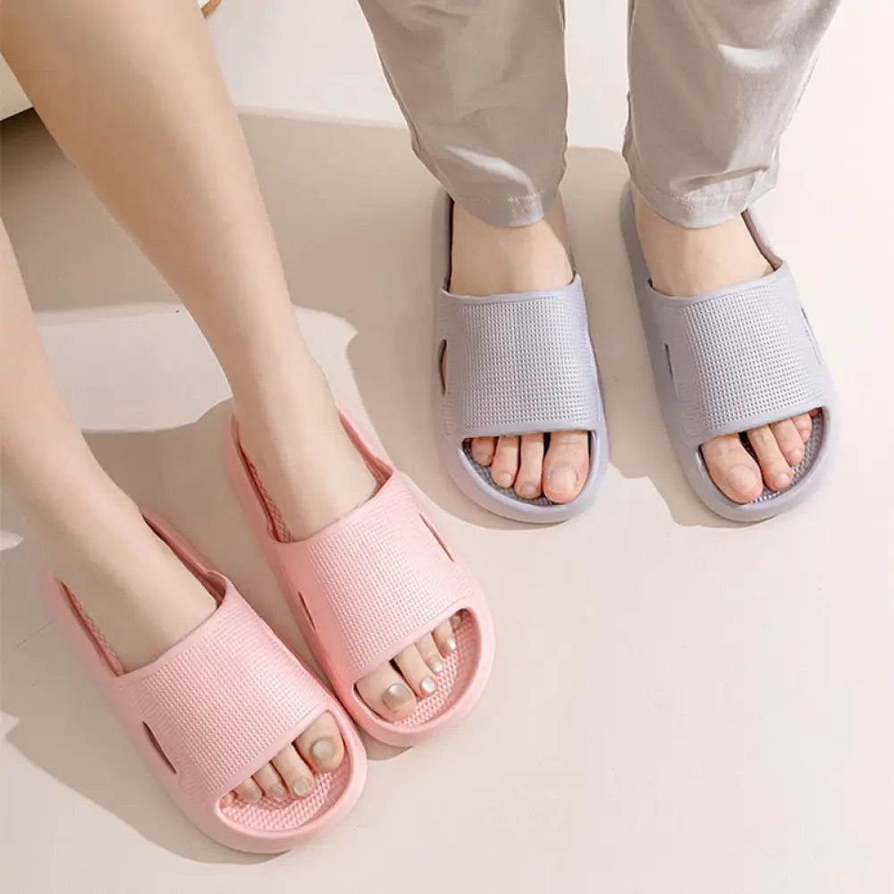 Thick sole non slip cushioned pink and light gray mesh slide sandals designed for comfortable home use
