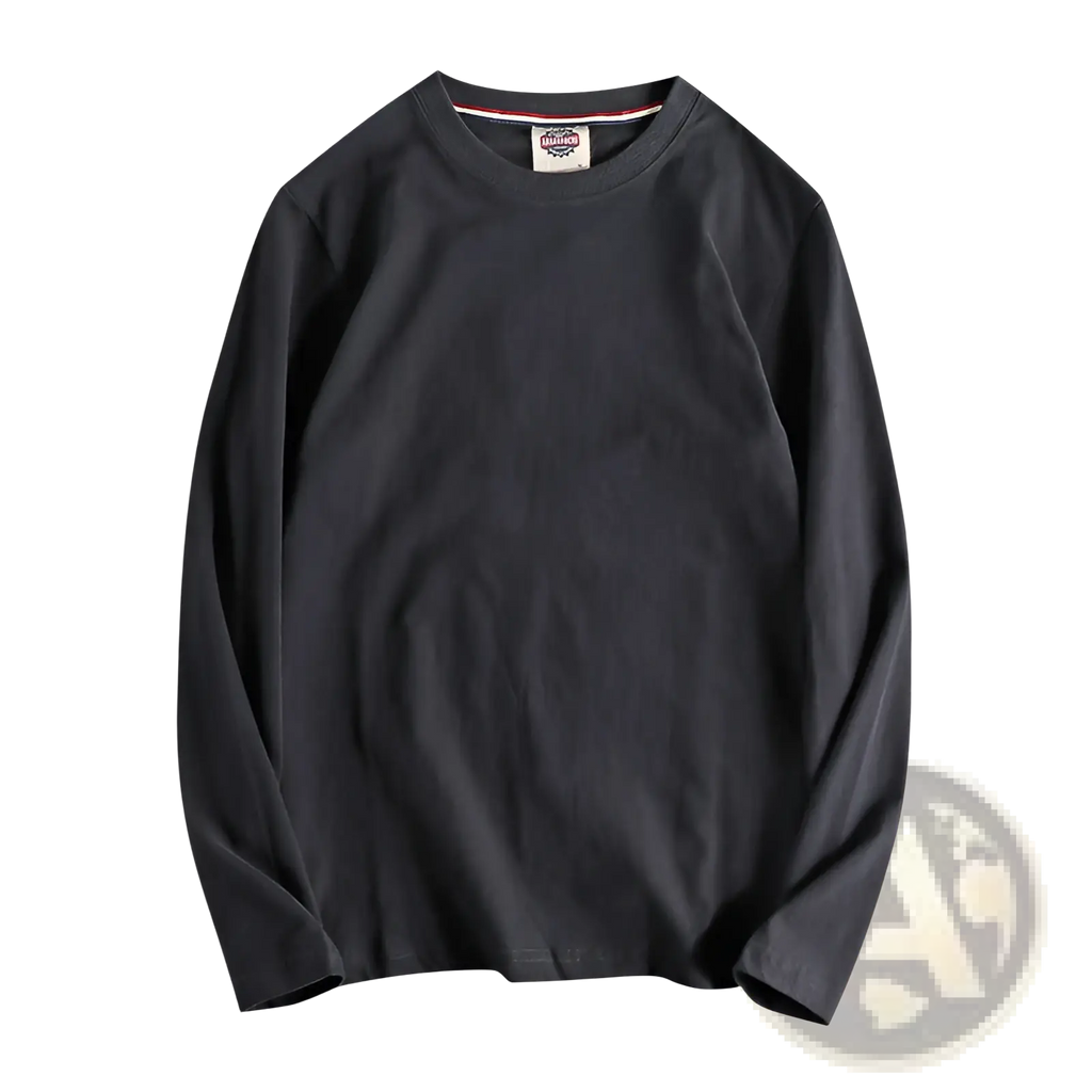 Black solid color washed pullover long sleeve t-shirt with subtle ribbed collar trim and crew neck design