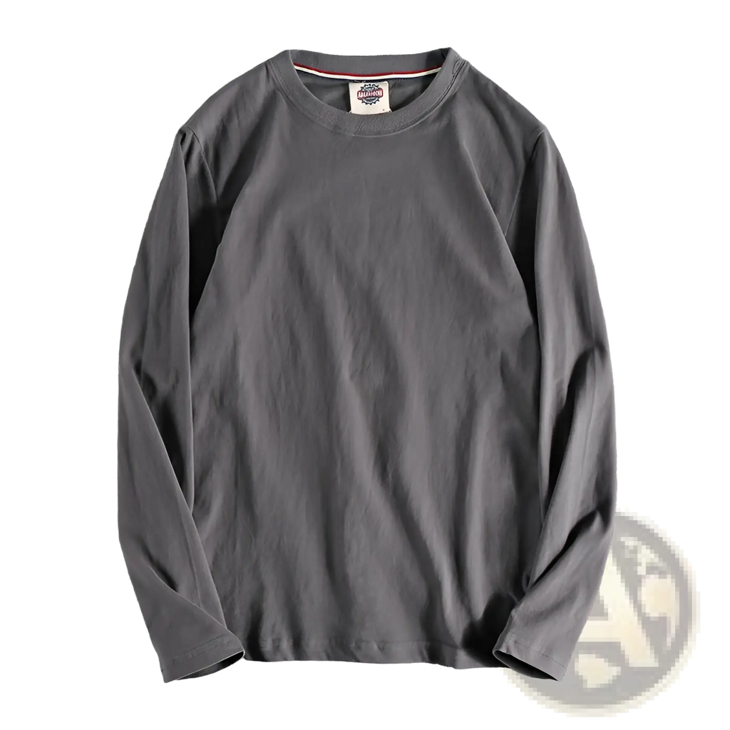 A dark gray solid color washed pullover long sleeve t-shirt with subtle texture and ribbed crew neck collar trim
