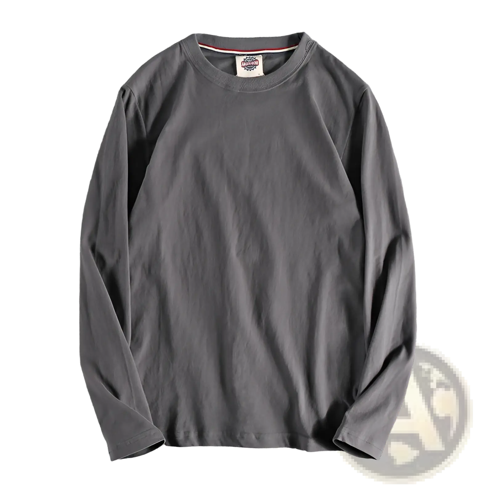 A dark gray solid color washed pullover long sleeve t-shirt with subtle texture and ribbed crew neck collar trim