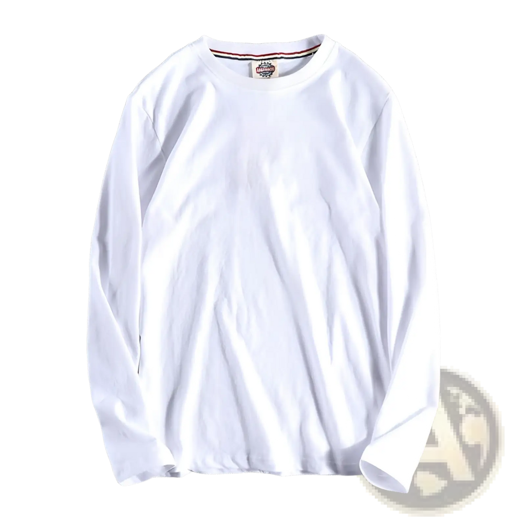 White solid color washed pullover long sleeve t-shirt with subtle ribbed trim at the collar and crew neck design