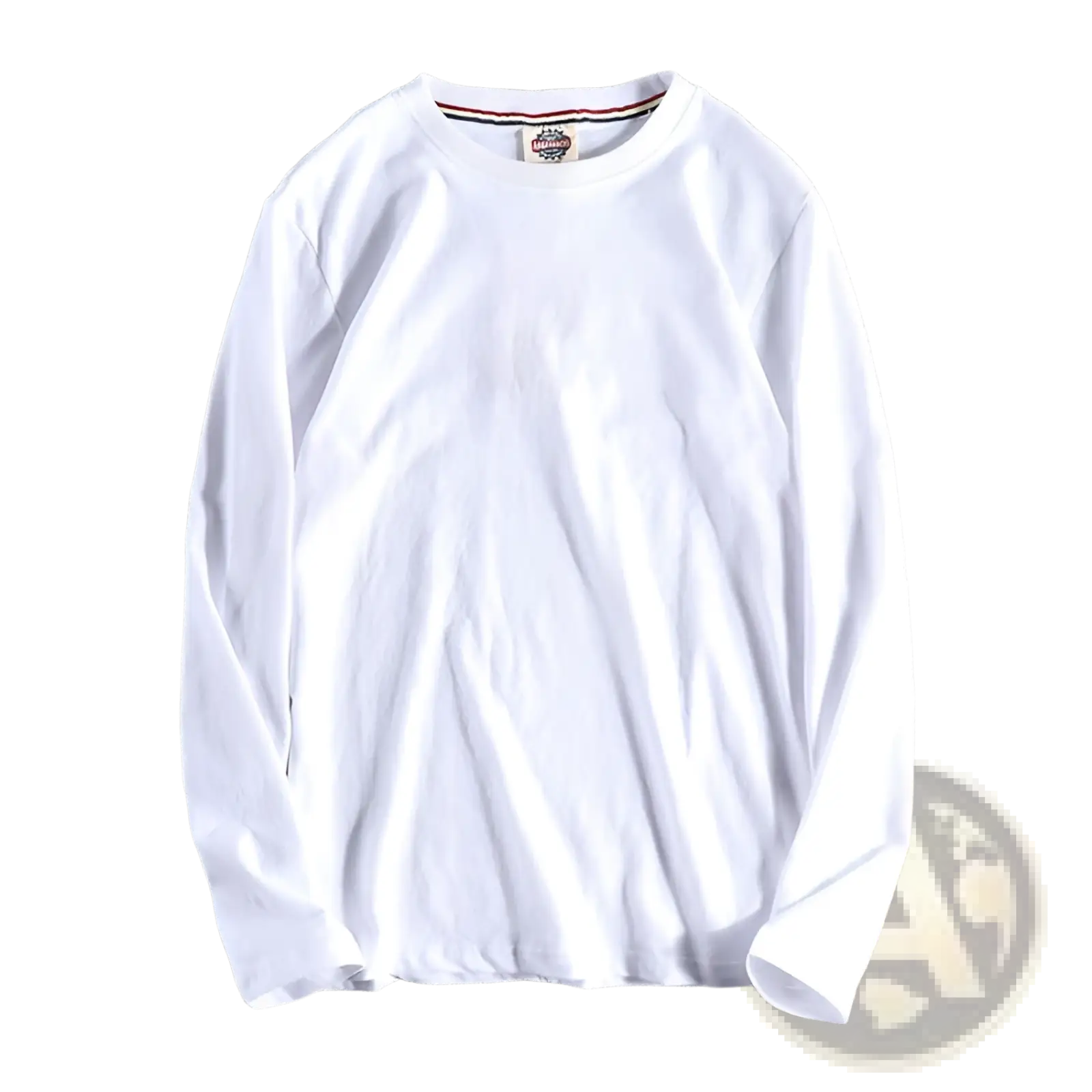 White solid color washed pullover long sleeve t-shirt with subtle ribbed trim at the collar and crew neck design