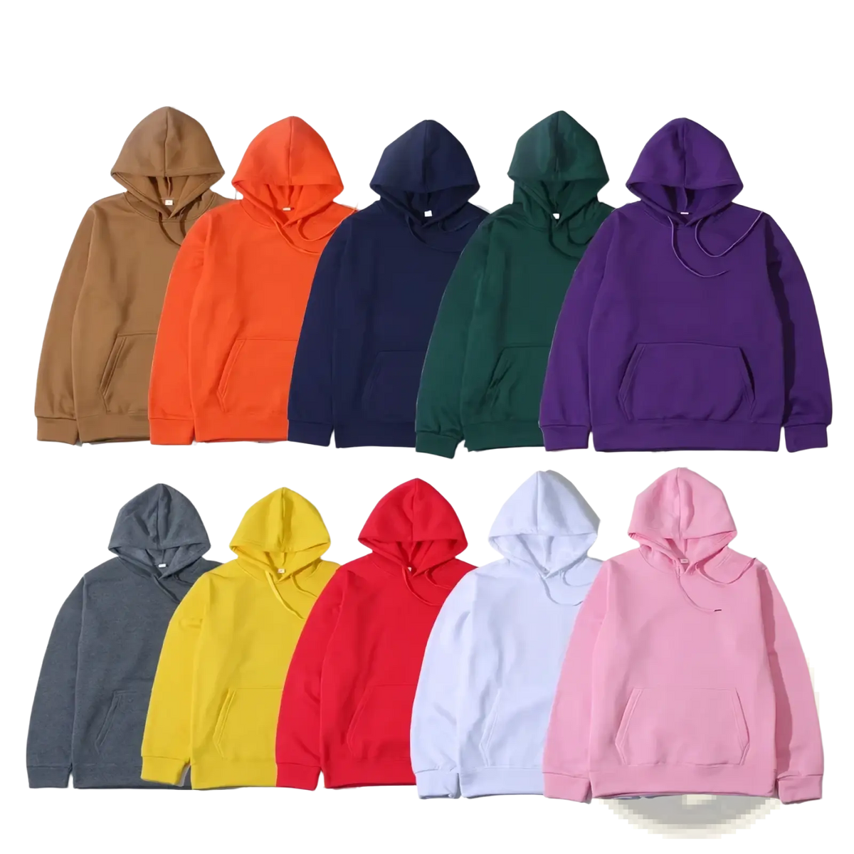 A collection of solid fleece hooded sweatshirts in 16 classic colors neatly arranged on a plain background