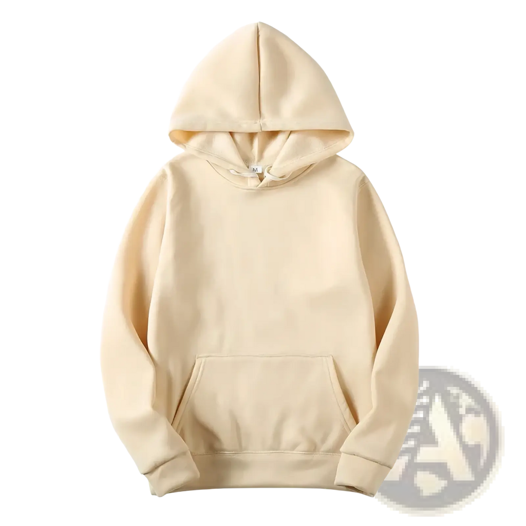 Cream-colored solid fleece hooded sweatshirt made of soft cotton with a front pocket and drawstring hood