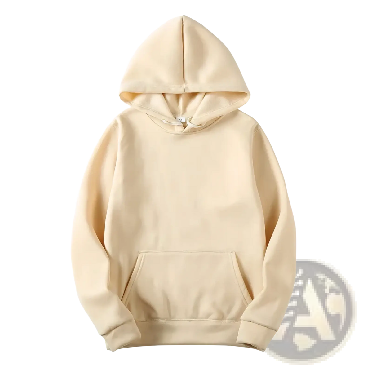 Cream-colored solid fleece hooded sweatshirt made of soft cotton with a front pocket and drawstring hood