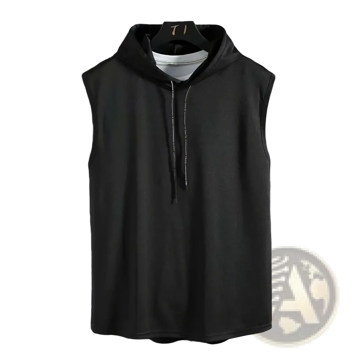 Black sleeveless solid fleece hooded sweatshirt with drawstring hood and subtle texture hanging on a grid background