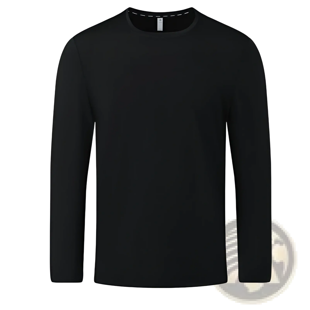 Black long sleeve crew neck t shirt made of smooth solid fabric with a comfortable fit and classic design