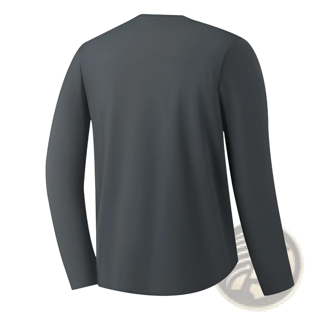 Dark gray solid long sleeve crew neck t shirt with minimalist design made for athletic use