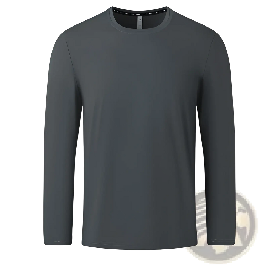 Solid long sleeve crew neck t-shirt in dark gray with smooth lightweight fabric and subtle stitching details