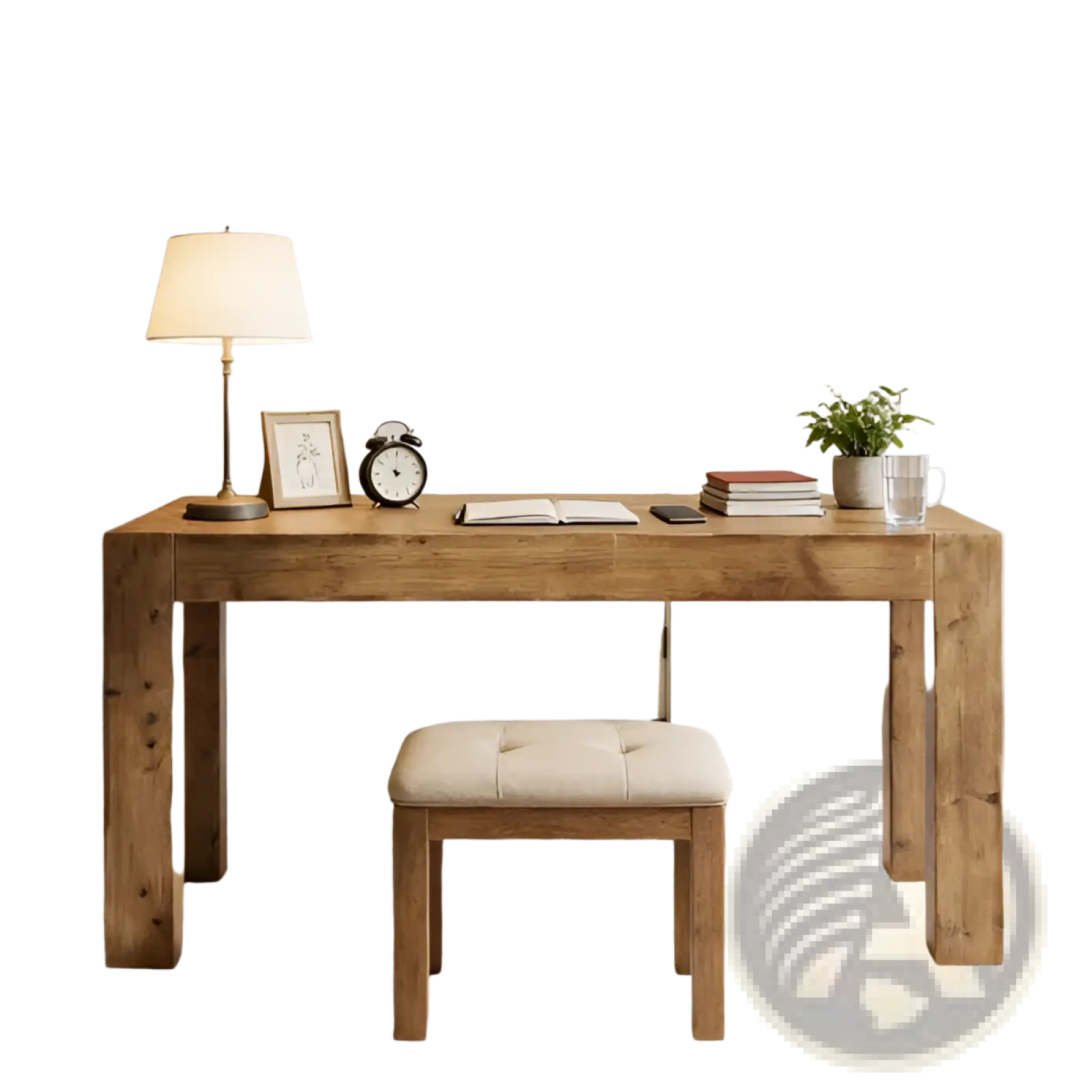 Solid oak rustic executive desk with natural wood finish and matching upholstered stool 63 inch for office use