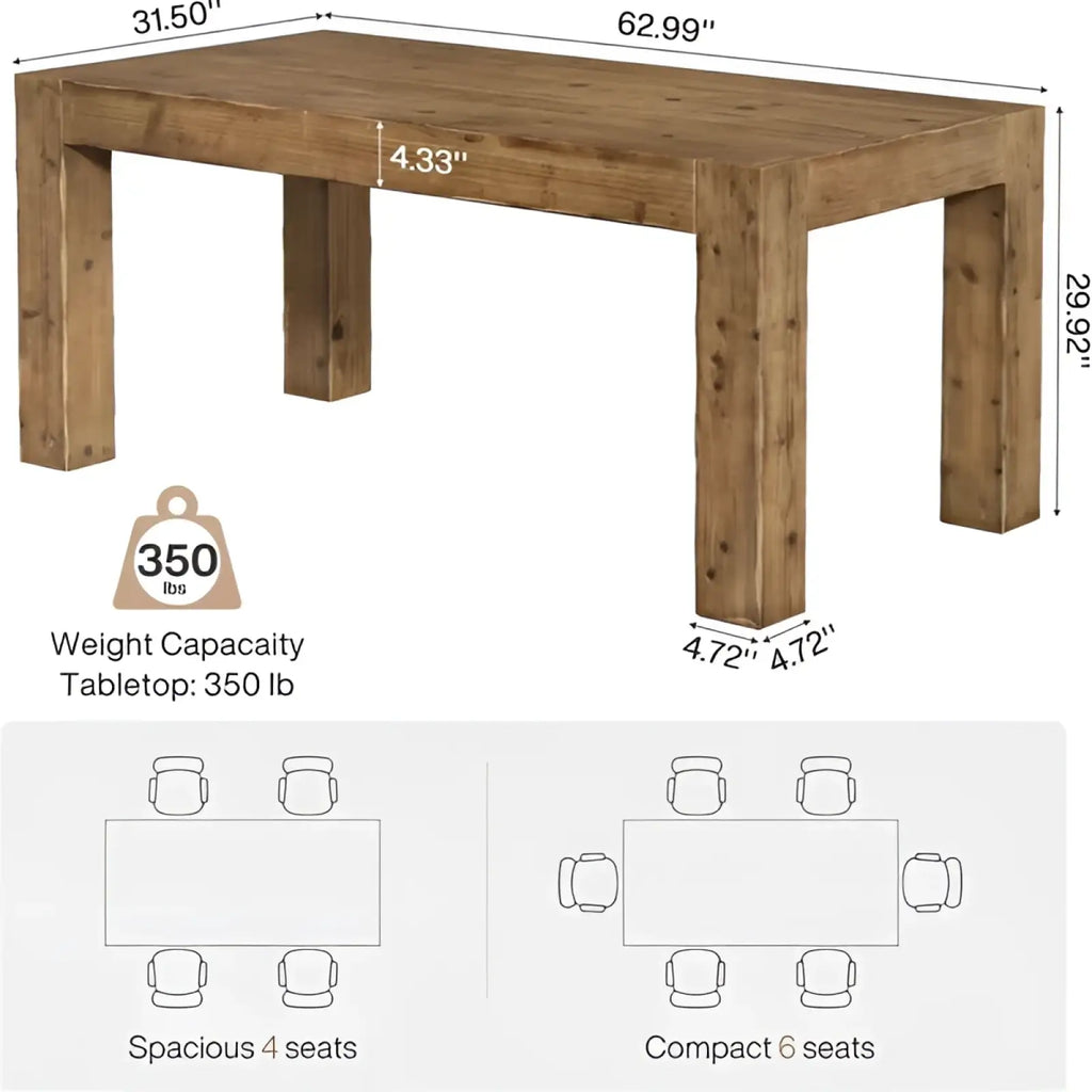 Rustic solid oak executive desk with sturdy rectangular legs and natural wood finish measuring 63 inch