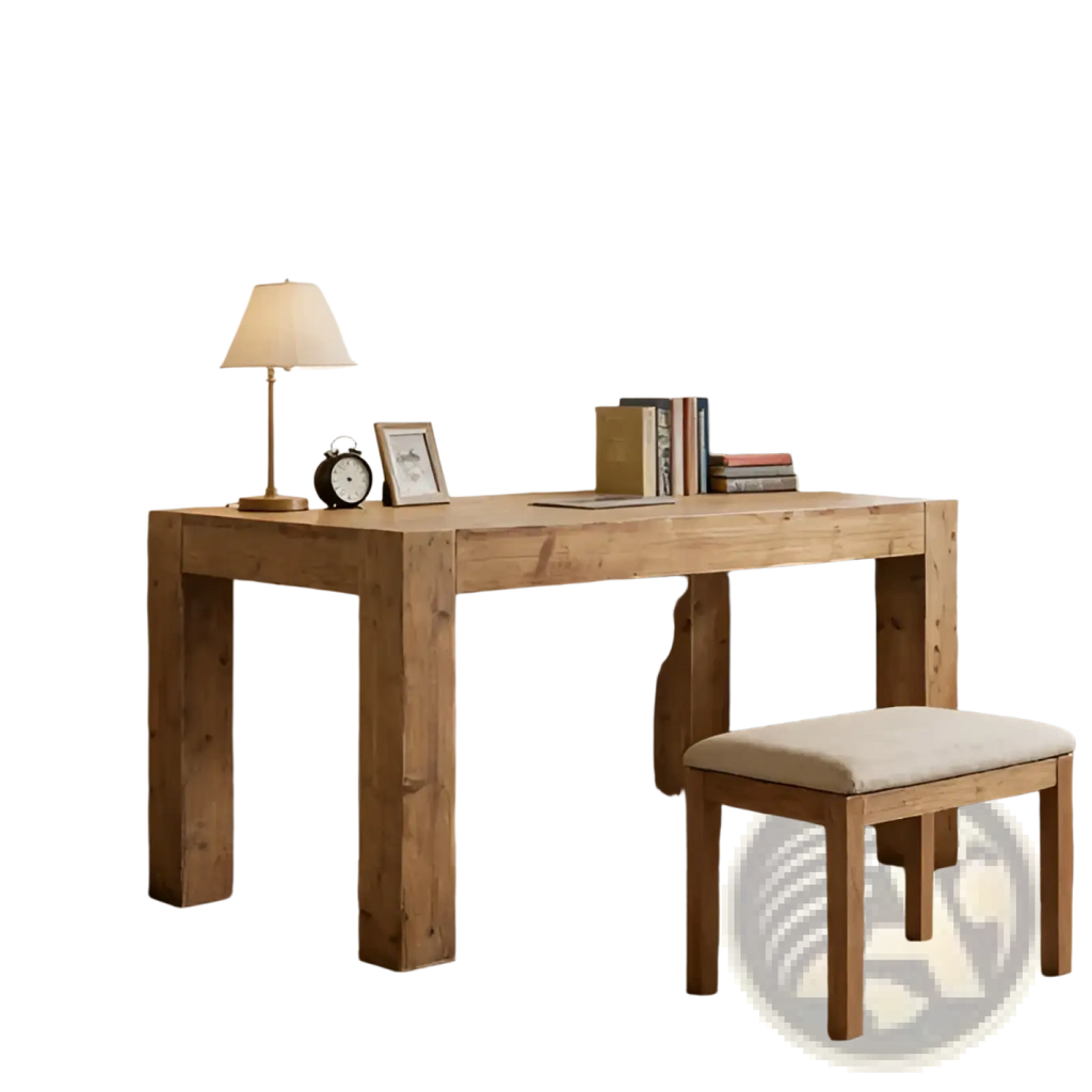 Rustic solid oak executive desk with natural finish and sturdy legs paired with matching upholstered stool 63 inch