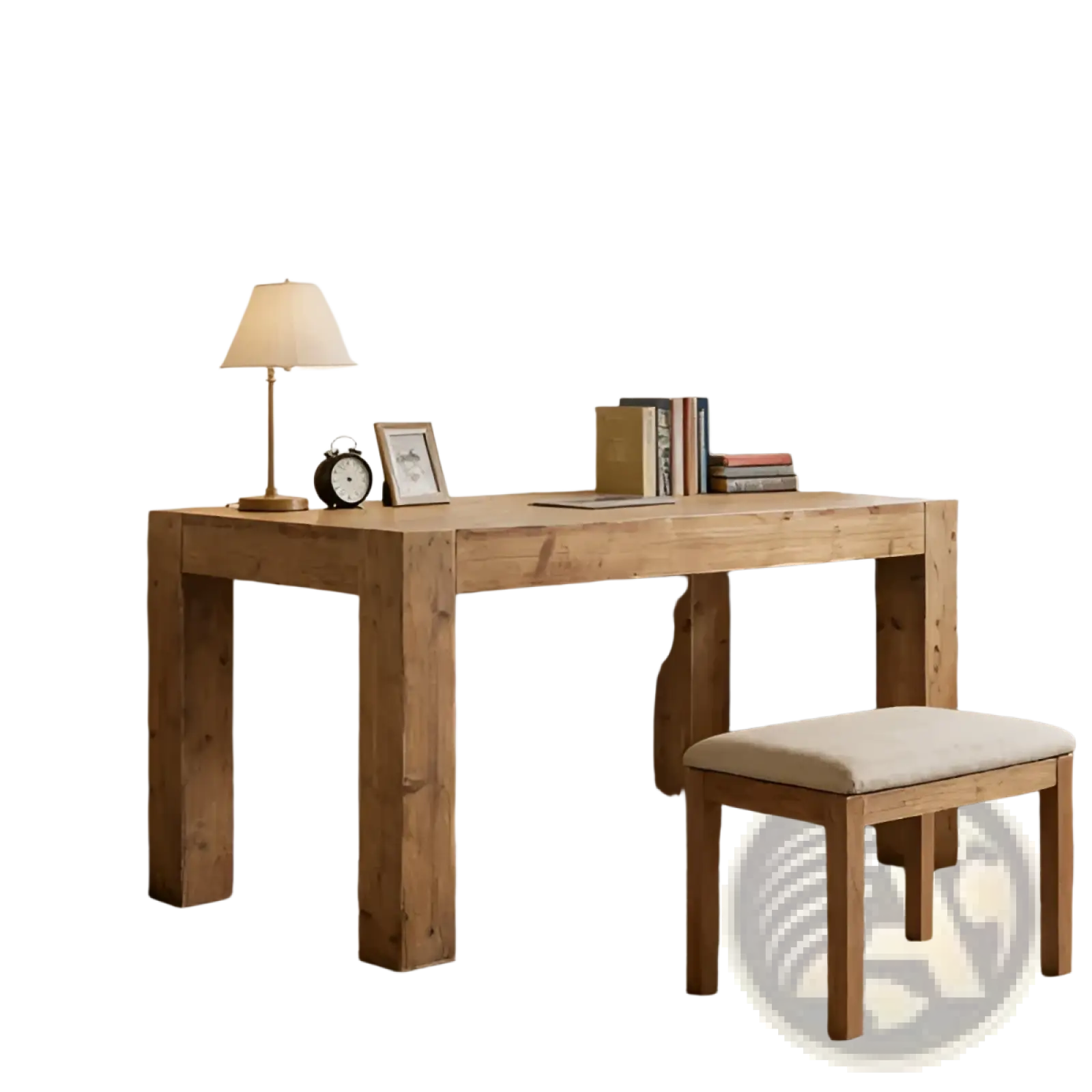 Rustic solid oak executive desk with natural finish and sturdy legs paired with matching upholstered stool 63 inch