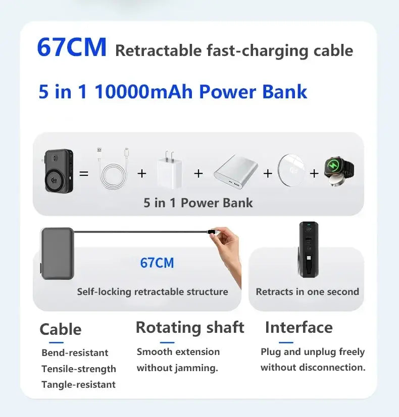 Solid-state battery power bank with 67cm retractable fast-charging cable magnetic wireless charger and 5-in-1 ports