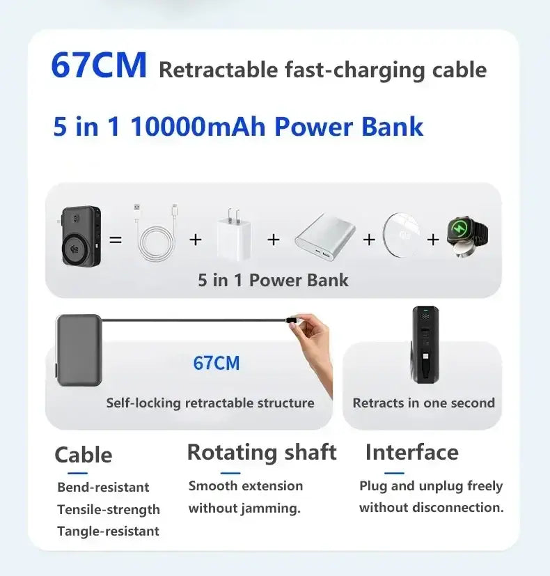 Solid-state battery power bank with 67cm retractable fast-charging cable 5-in-1 10000mah magnetic wireless charger with self-locking mechanism
