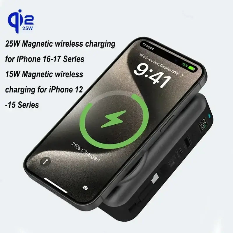 Black solid-state battery power bank magnetic wireless charger with 25w and 15w output and matte finish