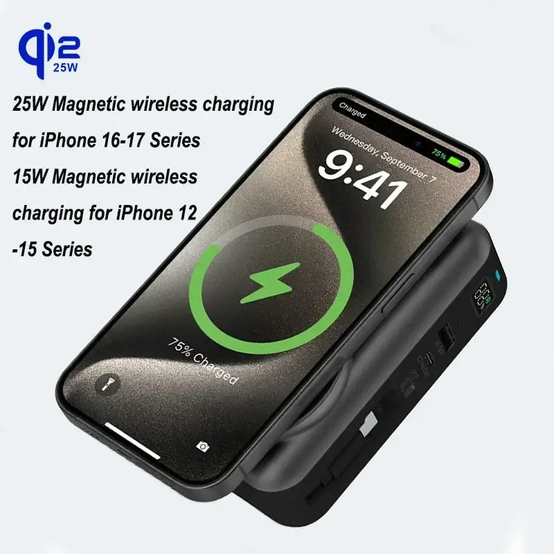 Black qi2 25w magnetic wireless charging pad power bank with solid-state battery and multiple ports in a sleek modern design