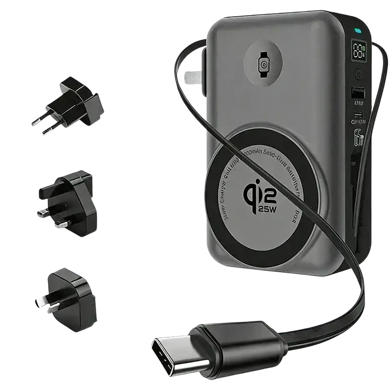 Gray solid-state battery power bank magnetic wireless charger with qi2 25w pad and international travel adapters