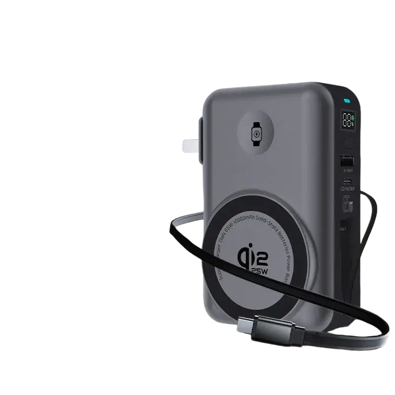 Gray rectangular solid-state battery power bank with a circular magnetic wireless charging pad and qi2 25w branding