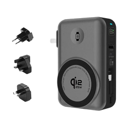 Gray rectangular solid-state battery power bank with magnetic wireless 25w charging pad and digital battery display
