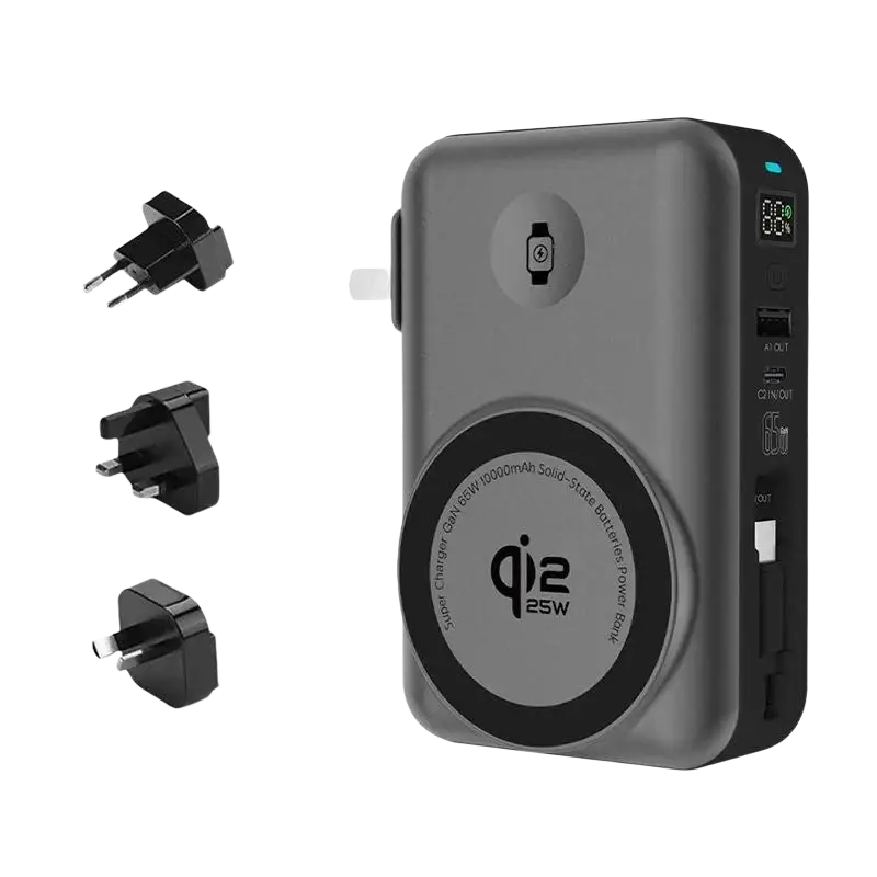 Gray rectangular solid-state battery power bank with magnetic wireless 25w charging pad and digital battery display