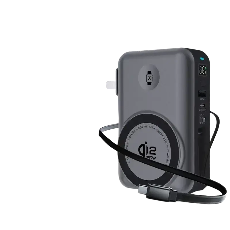 Gray solid-state battery power bank with magnetic wireless charging pad and multiple usb ports including integrated cable
