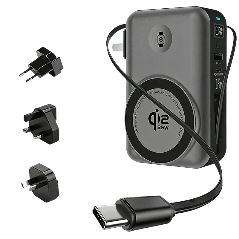 Gray rectangular solid-state battery power bank with magnetic wireless qi2 25w charging pad and multiple usb ports