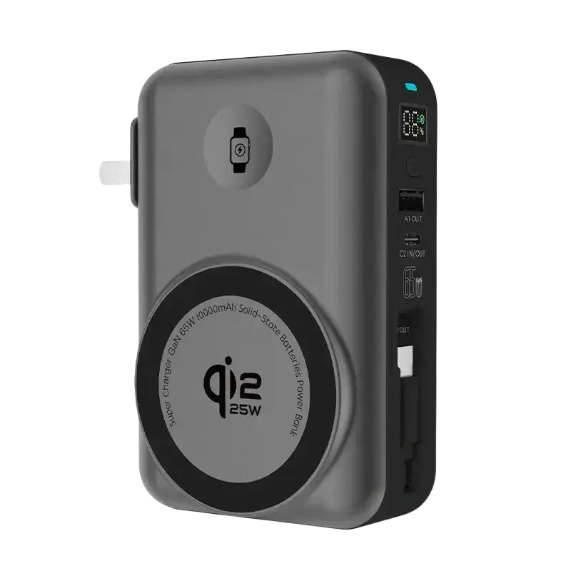 Gray qi2 25w solid-state battery power bank with magnetic wireless charging pad and multiple side ports for versatile use