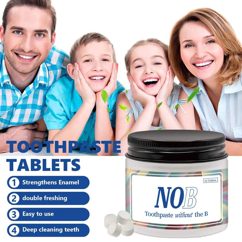 A white solid toothpaste tablets container with black lid and colorful label featuring nob brand name in blue letters