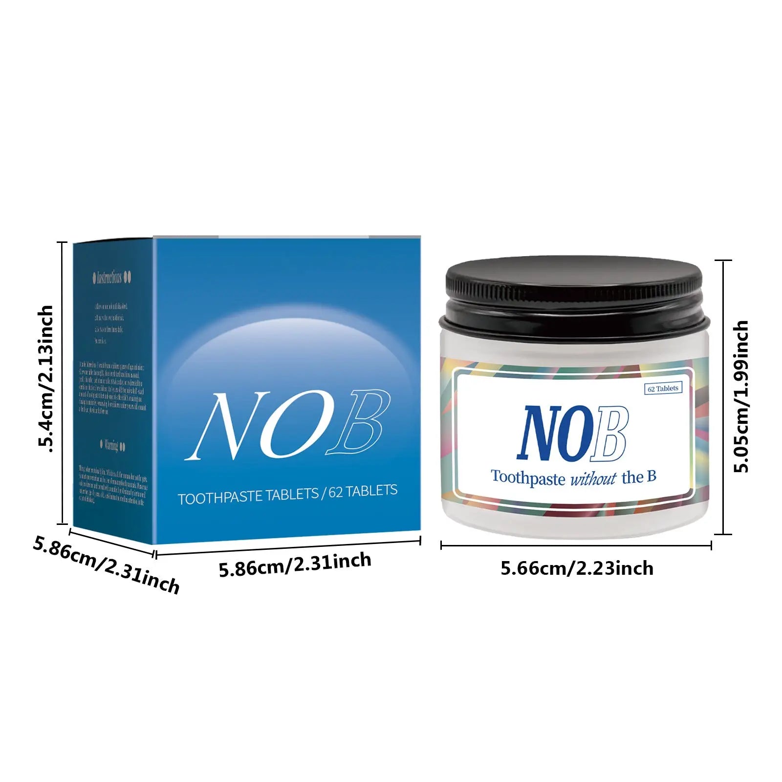 Solid toothpaste tablets portable breath mint 62pcs in blue and white in clear jar with black lid and blue box packaging