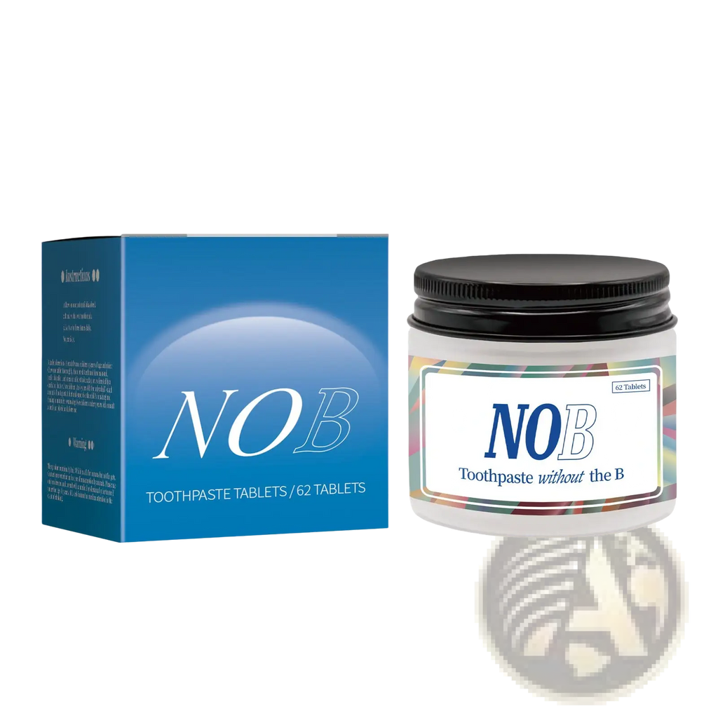 White jar with black lid and colorful label of nob toothpaste tablets beside blue box of 62 solid toothpaste tablets