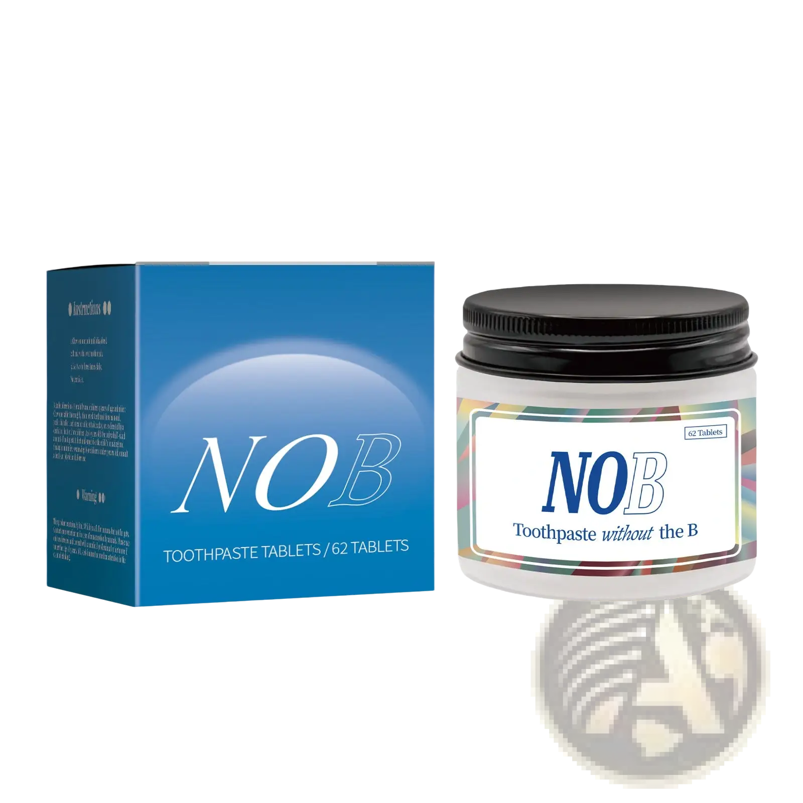 White jar with black lid and colorful label of nob toothpaste tablets beside blue box of 62 solid toothpaste tablets