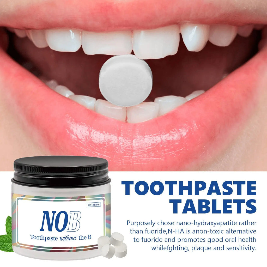 White round solid toothpaste tablets in a jar labeled nob toothpaste without the b portable mint 62pcs container
