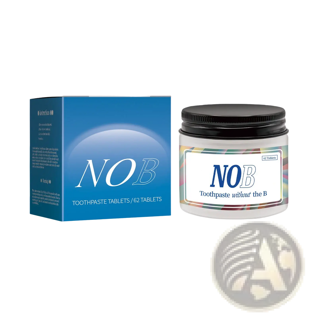 Blue and white nob solid toothpaste tablets in a clear jar with black lid, packaged in a matching blue box, 62pcs portable breath mint