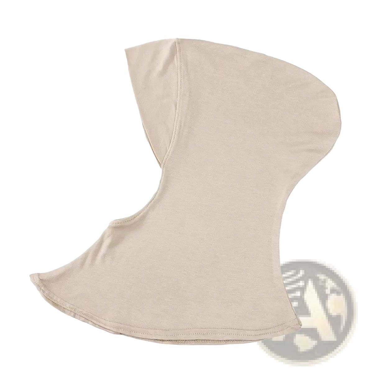 Beige stretchy fabric face mask with hooded design from solid underscarf hijab cap for comfortable coverage