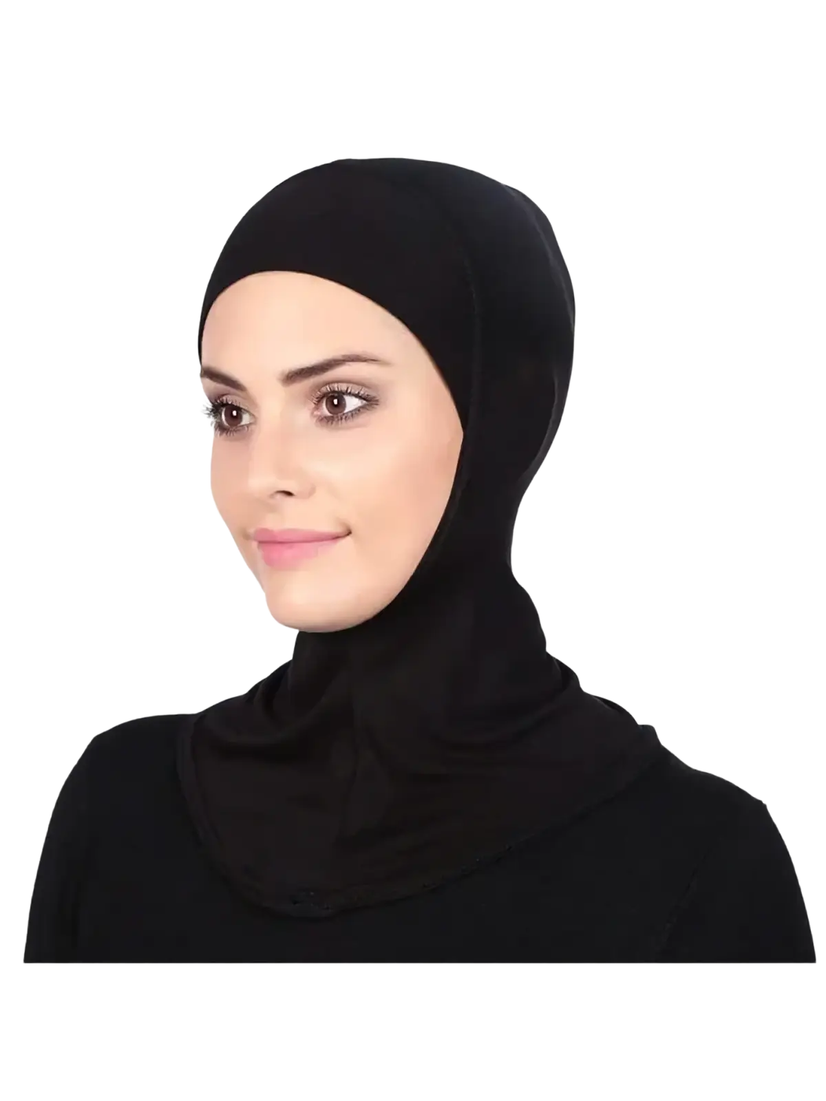 Solid underscarf hijab cap in black featuring a soft, stretchy fabric that drapes elegantly over the head and neck