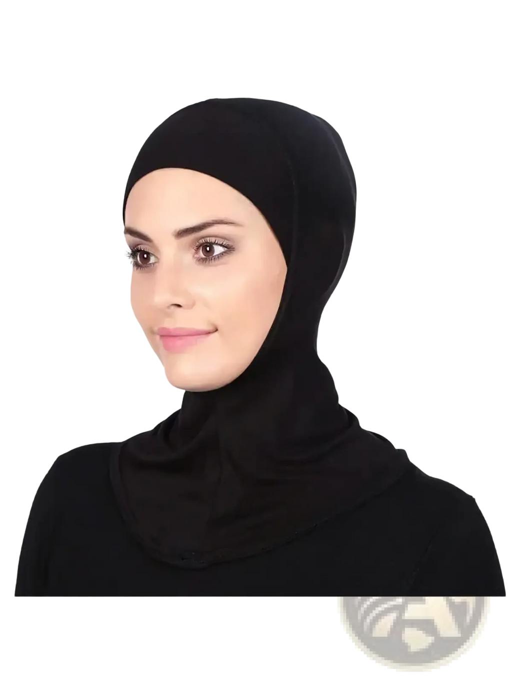 Solid underscarf hijab cap in black featuring a soft, stretchy fabric that drapes elegantly over the head and neck