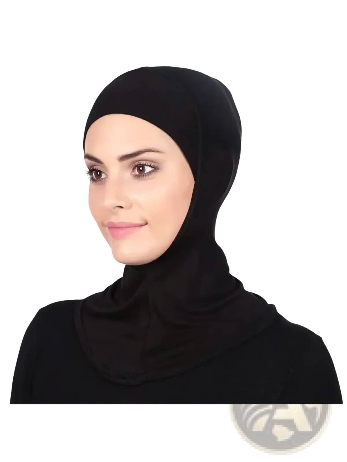 Solid underscarf hijab cap in black featuring a soft, stretchy fabric that drapes elegantly over the head and neck