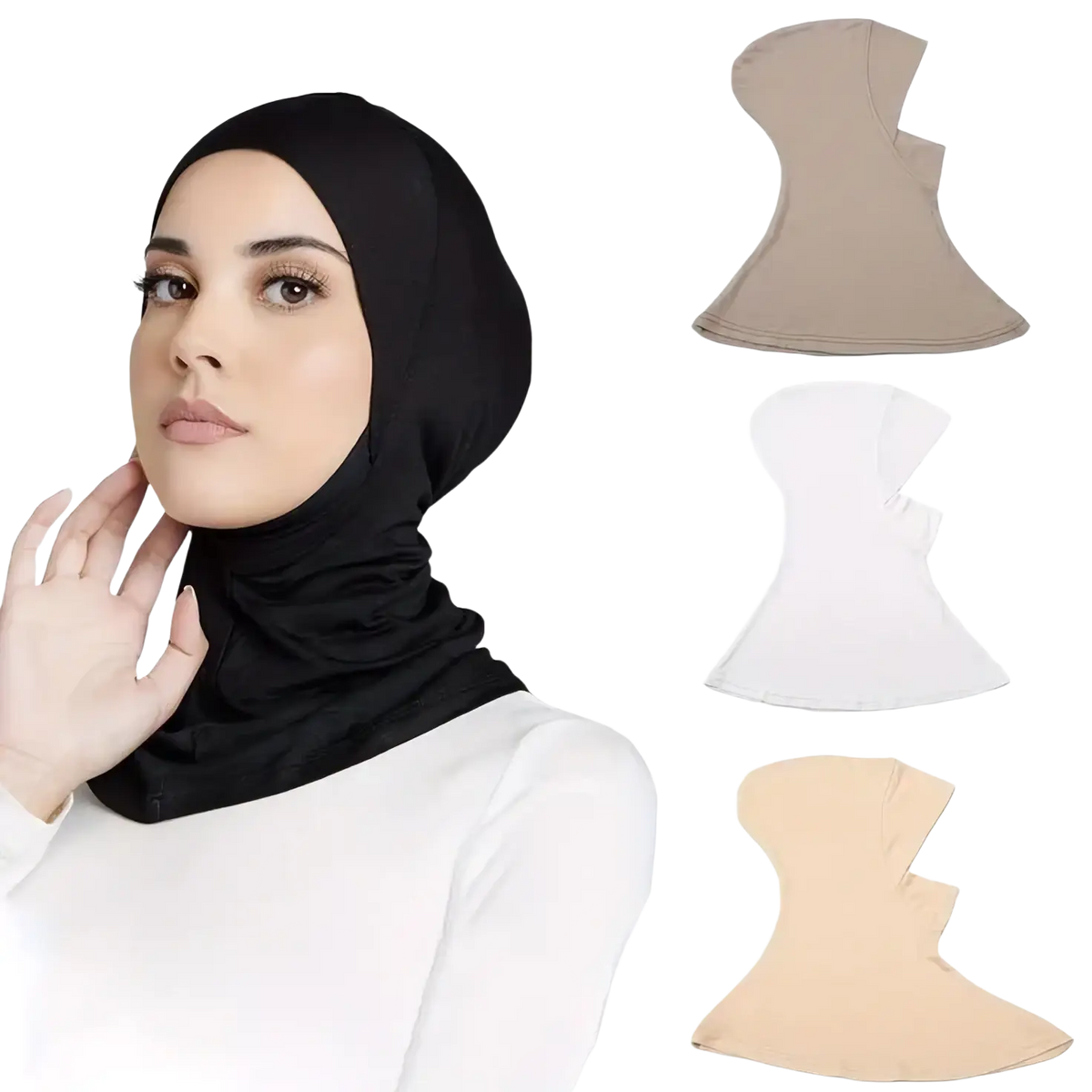 Black solid underscarf hijab cap made of smooth stretchy fabric designed for comfortable everyday wear
