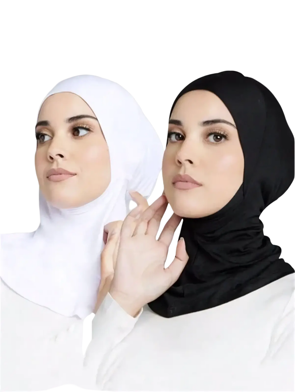 Solid underscarf hijab cap in black and white made of soft stretchy fabric with a sleek modern design