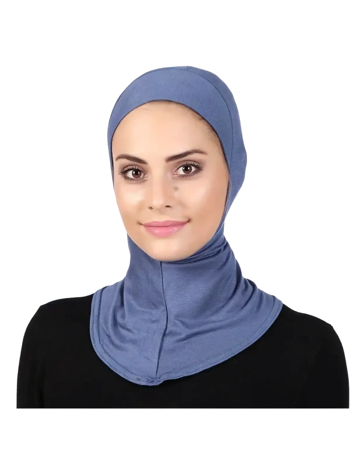 Solid underscarf hijab cap in soft smooth blue fabric draping elegantly around the head and neck
