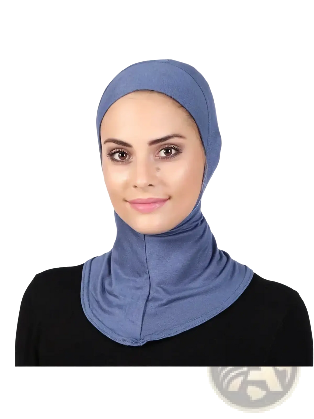 Solid underscarf hijab cap in soft smooth blue fabric draping elegantly around the head and neck