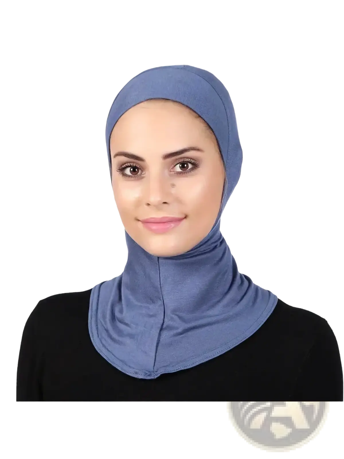 Solid underscarf hijab cap in soft smooth blue fabric draping elegantly around the head and neck