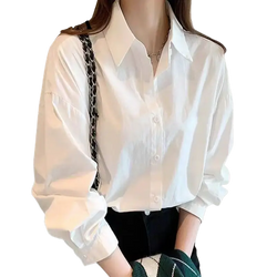 Solid white basic shirt oversized casual button up blouse with long sleeves and classic collar