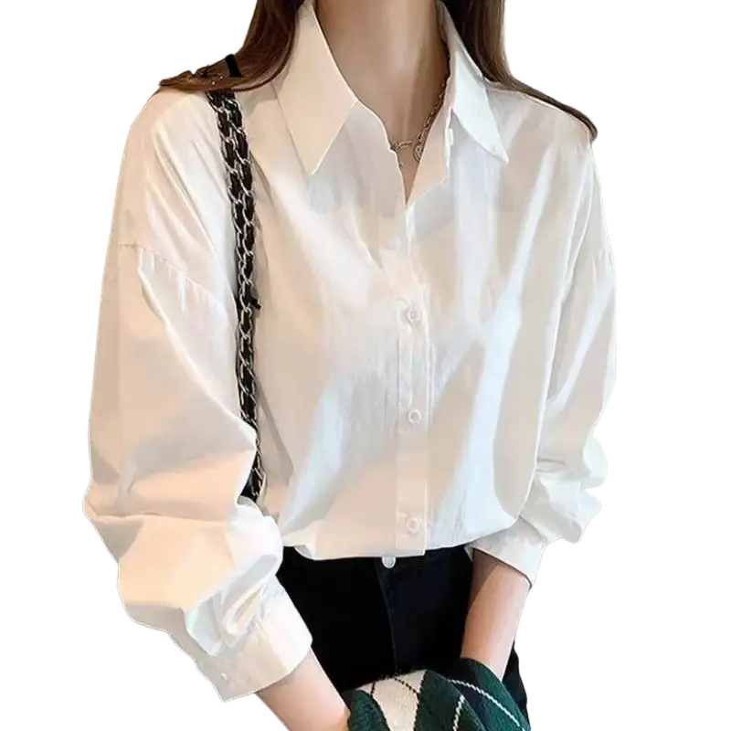 Solid white basic shirt oversized casual button up blouse with long sleeves and classic collar