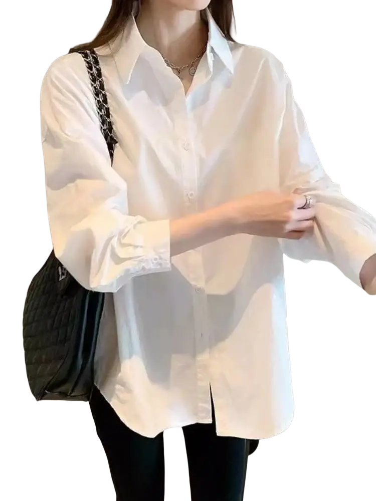 Solid white basic shirt oversized casual button up blouse with long sleeves and relaxed fit for everyday wear
