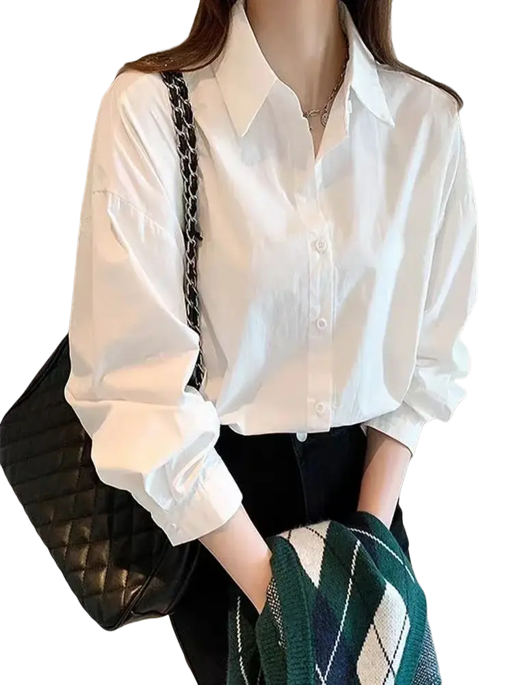 Solid white basic shirt oversized casual button up blouse with long sleeves classic collar and rolled cuffs